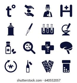 Medicine icons set. set of 16 medicine filled icons such as spray paint, ampoule, bacteria, brain, bandage, hands holding heart, microscope, test tube, man with broken arm