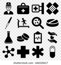 Medicine icons set. set of 16 medicine filled icons such as treadmill, tablet, medical cross, pill, bacteria, medical sign, heartbeat clipboard, hands holding heart, pipette