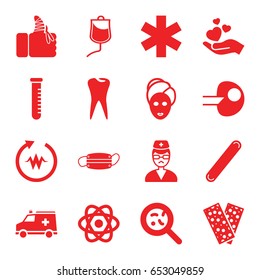 Medicine icons set. set of 16 medicine filled icons such as spa mask, bacteria, tooth, medical sign, bandage, hand holding heart, drop counter, doctor, injured finger