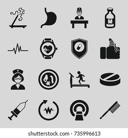 Medicine icons set. set of 16 medicine filled icons such as treadmill, aroma stick, toothbrush, pill, mri, stomach, milk, injured finger, heartbeat, health insurance, doctor