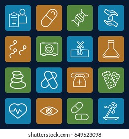 Medicine icons set. set of 16 medicine outline icons such as spa stones, no hair in skin, aroma stick, heartbeat, case with heart, pill, eye, bandage, hands holding heart