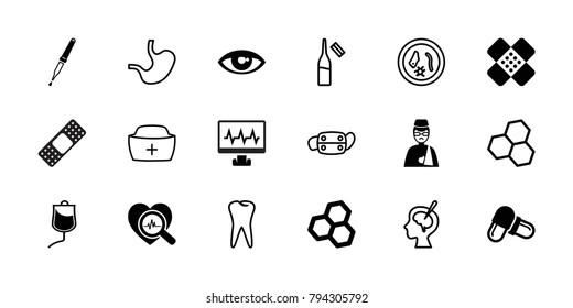 Medicine icons. set of 18 editable filled and outline medicine icons: chemical structure, pill, drop counter, man with broken arm, pipette, heartbeat search, bandage, ampoule