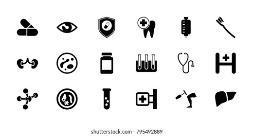 Medicine icons. set of 18 editable filled medicine icons: test tube, medical cross, liver, kidney, tooth brush, microorganism, eye, hospital, dental care