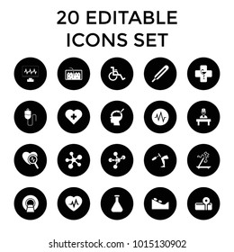 Medicine icons. set of 20 editable filled medicine icons such as spa stone, aroma stick, heart with cross, themometer, atom. best quality medicine elements in trendy style.