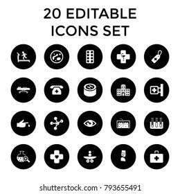 Medicine icons. set of 20 editable filled medicine icons such as treadmill, medical cross, medical cross tag, pill, eye. best quality medicine elements in trendy style.