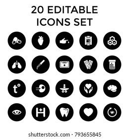 Medicine icons. set of 20 editable filled medicine icons such as hand with heart, pipette, pill, heart organ, bandage. best quality medicine elements in trendy style.