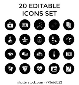 Medicine icons. set of 20 editable filled medicine icons such as heartbeat, bandage, heartbeat clipboard, x ray. best quality medicine elements in trendy style.