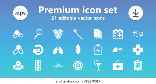 Medicine icons. set of 21 editable filled medicine icons includes pill, mri, tooth brush, bandage, atom, search sperm, blood pressure measure, heartbeat, medicine