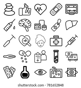 Medicine icons. set of 25 editable outline medicine icons such as test tube, spa stones, tweezers, heartbeat, first aid kit, syringe, blod pressure tool, medical cross tag