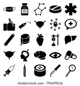Medicine icons. set of 25 editable filled medicine icons such as test tube, pipette, pill, liver, heart organ, bladder, eye, nurse hat, search sperm, injured finger