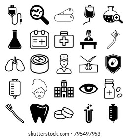 Medicine icons. set of 25 editable filled and outline medicine icons such as heart test tube, drop counter, health insurance, test tube search, doctor, test tube