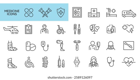 Medicine icons. Set of 31 medical and healthcare trendy minimal icons including stethoscope, ambulance, IV drip, heart with EKG line, syringe, pills, and more. Vector illustration