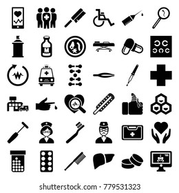 Medicine icons. set of 36 editable filled medicine icons such as tweezers, toothbrush, tablet, spray paint, hand with heart, pill, liver, heartbeat on phone, milk, heartbeat