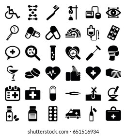 Medicine icons set. set of 36 medicine filled icons such as tweezers, no hair in skin, toothbrush, tablet, first aid kit, blod pressure tool, drop counter, pill, ampoule