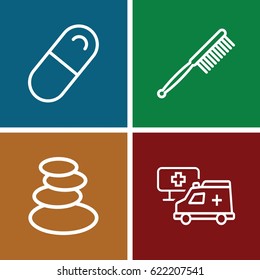 Medicine icons set. set of 4 medicine outline icons such as spa stones, toothbrush, pill