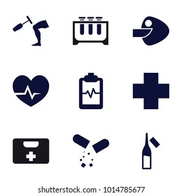 Medicine icons. set of 9 editable filled medicine icons such as ampoule, heartbeat clipboard, medical cross, knee hammer reaction check, heartbeat, core, medical kit