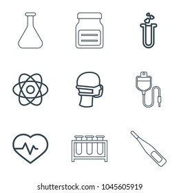 Medicine icons. set of 9 editable outline medicine icons such as heartbeat, medical mask, atom, heart test tube, test tube, drop counter, medicine