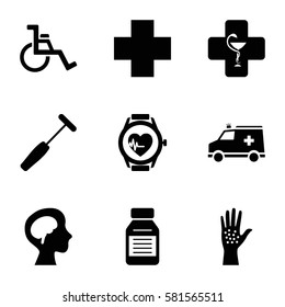 Medicine icons set. Set of 9 Medicine filled icons such as human brain, ambulance, medical cross, medicine, heartbeat watch, pharmacy, wheel chair, arm rash