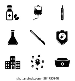 Medicine icons set. Set of 9 Medicine filled icons such as drop counter, nurse hat, scalpel, medicine bottle, health insurance, thermometer, test tube, hospital building