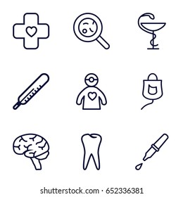 Medicine icons set. set of 9 medicine outline icons such as thermometer, bacteria, brain, tooth, drop counter, pipette, medicine, bandage