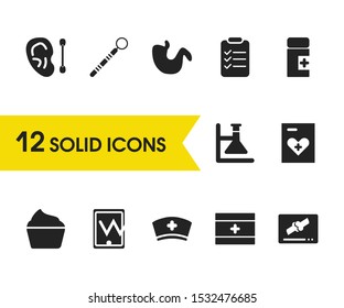 Medicine icons set with allowed tablets, medical cap and x-ray elements. Set of medicine icons and checklist concept. Editable vector elements for logo app UI design.