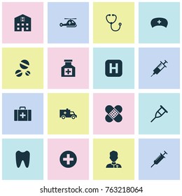 Medicine icons set with cap, hospital, device and other bus elements. Isolated vector illustration medicine icons.