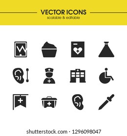 Medicine icons set with carrying case, ear prophylaxis and hospital banner elements. Set of medicine icons and skincare concept. Editable vector elements for logo app UI design.