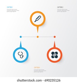 Medicine Icons Set. Collection Of Bandage, Review, Ache Elements. Also Includes Symbols Such As Ache, Help, Review.