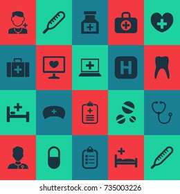 Medicine Icons Set. Collection Of Chest, Hospital, Diagnosis And Other Elements. Also Includes Symbols Such As Doctor, Capsule, Mercury.