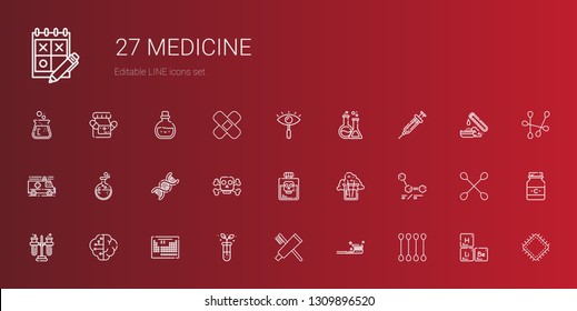 medicine icons set. Collection of medicine with cotton swab, tooth brush, toothpaste, test tube, periodic table, brain, tubes, molecules. Editable and scalable medicine icons.