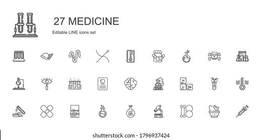 medicine icons set. Collection of medicine with cotton swab, microscope, flask, fishbone, patch, test tube, periodic table, brain, dentist. Editable and scalable medicine icons.