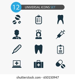 Medicine Icons Set. Collection Of Database, Mercury, Mark And Other Elements. Also Includes Symbols Such As Healer, Care, Healthy.