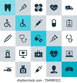 Medicine Icons Set. Collection Of Database, Stand, Peck Elements. Also Includes Symbols Such As Medical, Beating, Rhythm.