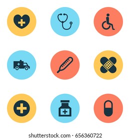 Medicine Icons Set. Collection Of Device, Drug, Plus And Other Elements. Also Includes Symbols Such As Heart, Device, Medicine.