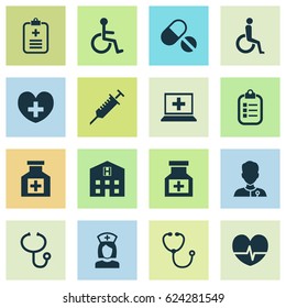 Medicine Icons Set. Collection Of Drug, Disabled, Retreat And Other Elements. Also Includes Symbols Such As Disabled, Stethoscope, Drug.