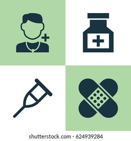 Medicine Icons Set. Collection Of Drugs, Physician, crutch.