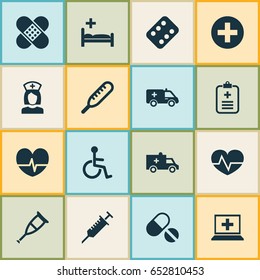 Medicine Icons Set. Collection Of First-Aid, Bus, Remedy And Other Elements. Also Includes Symbols Such As Bandage, Antibiotic, Care.