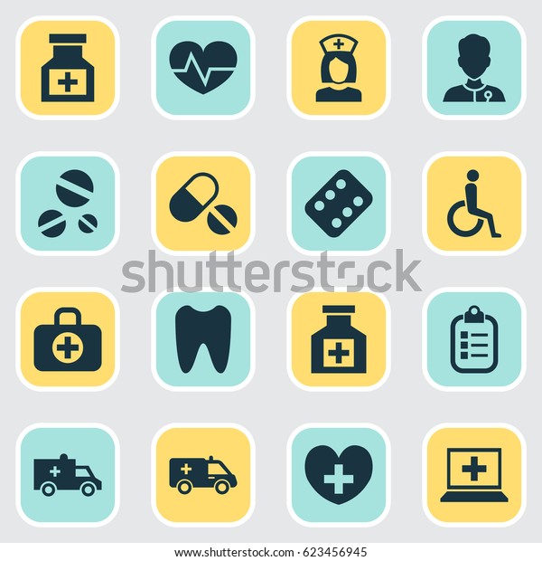 Medicine Icons Set. Collection Of First-Aid,\
Surgical Bag And Other Elements. Also Includes Symbols Such As\
Pulse, Database,\
Painkiller.