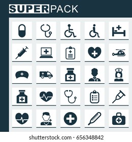 Medicine Icons Set. Collection Of Handicapped, Disabled, Drug Elements. Also Includes Symbols Such As Stand, Thermometer, Invalid.