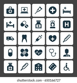 Medicine Icons Set. Collection Of Healer, Retreat, Drug And Other Elements. Also Includes Symbols Such As Beating, Bag, Pills.