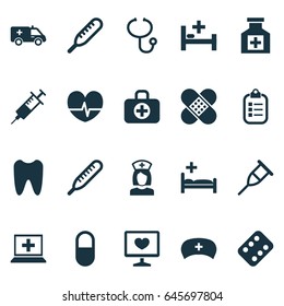 Medicine Icons Set. Collection Of Injection, Polyclinic, Claw And Other Elements. Also Includes Symbols Such As Remedy, Reliever, Plaster.