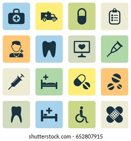 Medicine Icons Set. Collection Of Mark, Pills, Bandage Elements. Also Includes Symbols Such As Bag, Pill, Teeth.