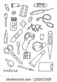 Medicine icons set. Collection of medical icons. Healthcare. First aid kit. Doodle icons. Vector illustration.