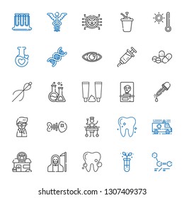 medicine icons set. Collection of medicine with molecules, test tube, tooth, death, pet shop, ambulance, large, fishbone, scientist, eyedropper. Editable and scalable medicine icons.