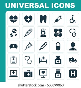 Medicine Icons Set. Collection Of Nanny, Stand, Heal Elements. Also Includes Symbols Such As Pill, Healer, Handicapped.
