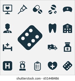 Medicine Icons Set. Collection Of Pills, Mark, Heal And Other Elements. Also Includes Symbols Such As Rack, Bed, Cap.