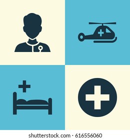 Medicine Icons Set. Collection Of Plus, Polyclinic, Copter And Other Elements. Also Includes Symbols Such As Care, Clinic, Helicopter.