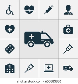 Medicine Icons Set. Collection Of Remedy, Surgical Bag, Stand Elements. Also Includes Symbols Such As Peck, Rack, Crutch.