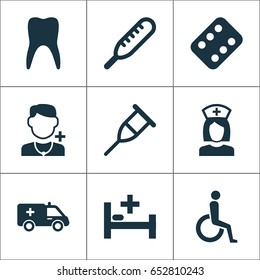 Medicine Icons Set. Collection Of Remedy, Handicapped, Ache Elements. Also Includes Symbols Such As Health, Medicament, Stand.
