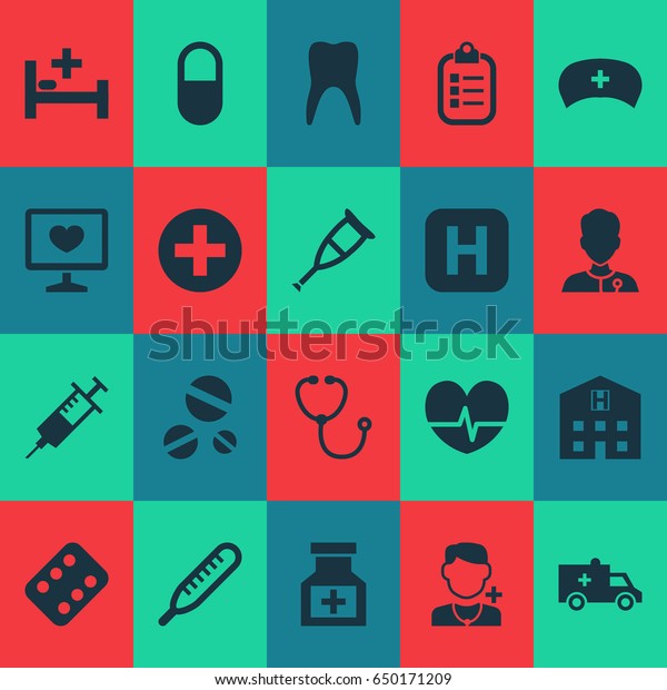 Medicine Icons Set. Collection Of Retreat,\
Device, Injection And Other Elements. Also Includes Symbols Such As\
Illness, Instrument,\
Healer.